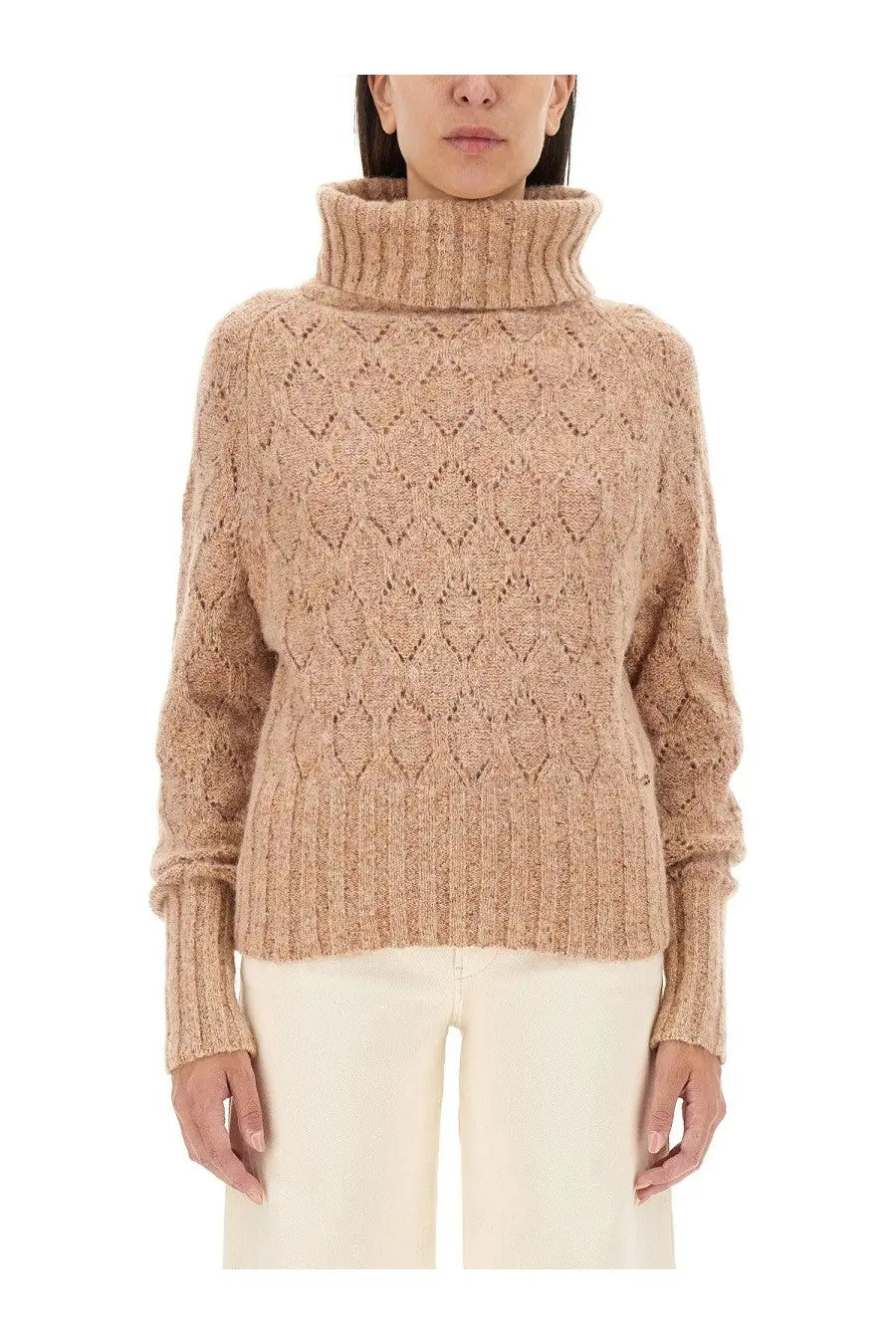 Kiton women’s brown turtleneck shirt in beige with textured diamond-knit pattern and ribbed cuffs