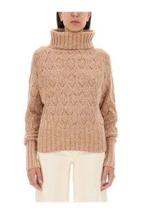 Kiton women’s brown turtleneck shirt in beige with textured diamond-knit pattern and ribbed cuffs