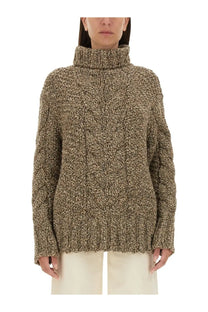 Kiton women’s wool jersey brown chunky textured knit turtleneck sweater in heathered olive and beige blend