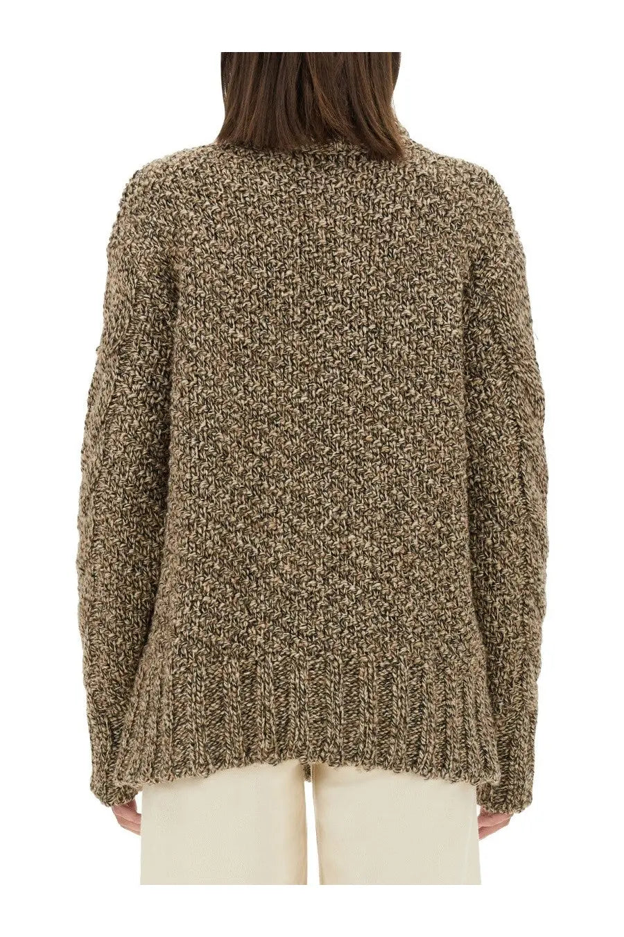 Kiton women’s wool jersey brown cozy textured beige and brown heathered knit sweater with ribbed hem