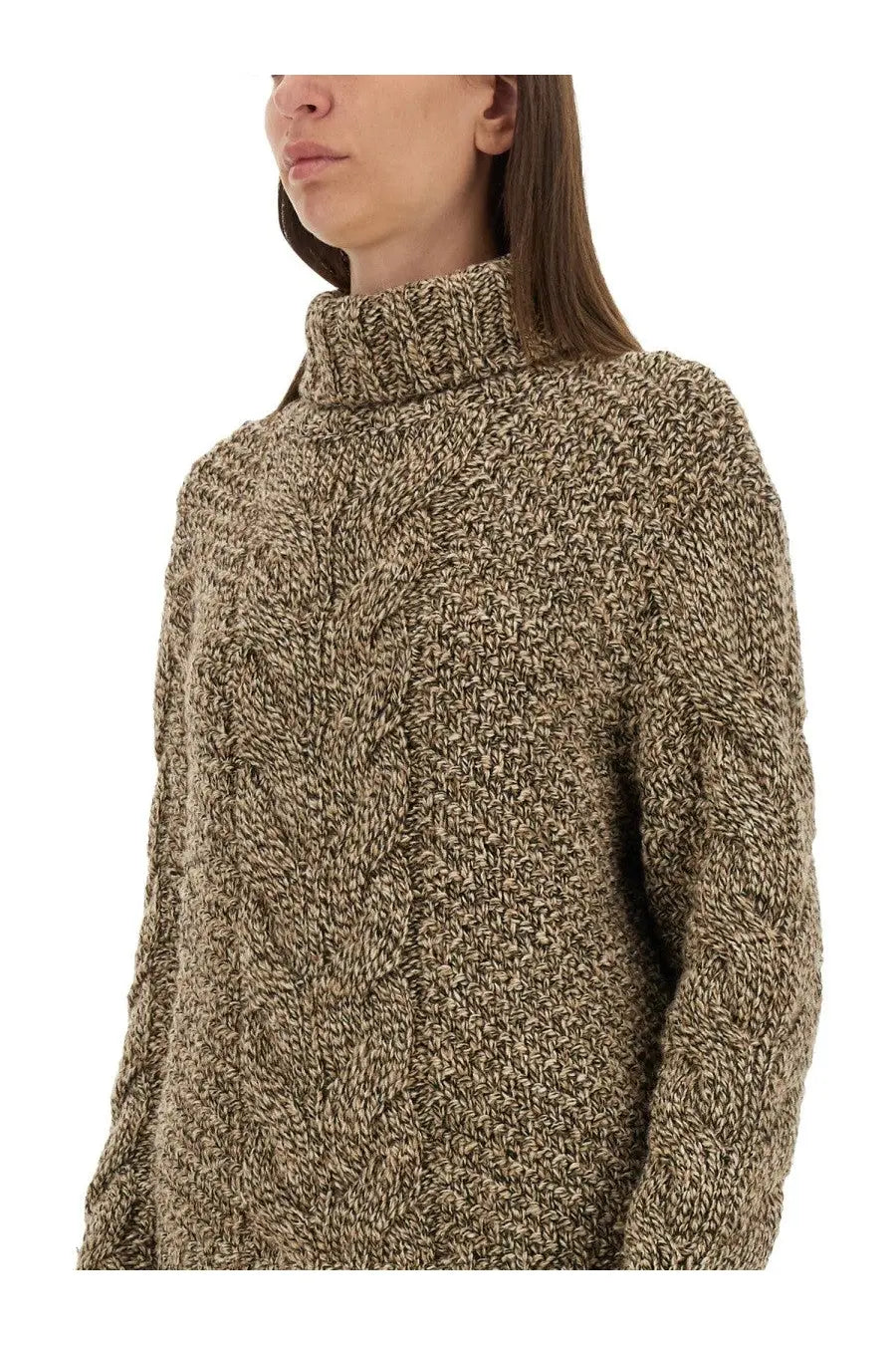Kiton women’s wool jersey brown cozy beige and brown heathered cable-knit turtleneck sweater with chunky pattern