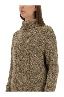 Kiton women’s wool jersey brown cozy beige and brown heathered cable-knit turtleneck sweater with chunky pattern