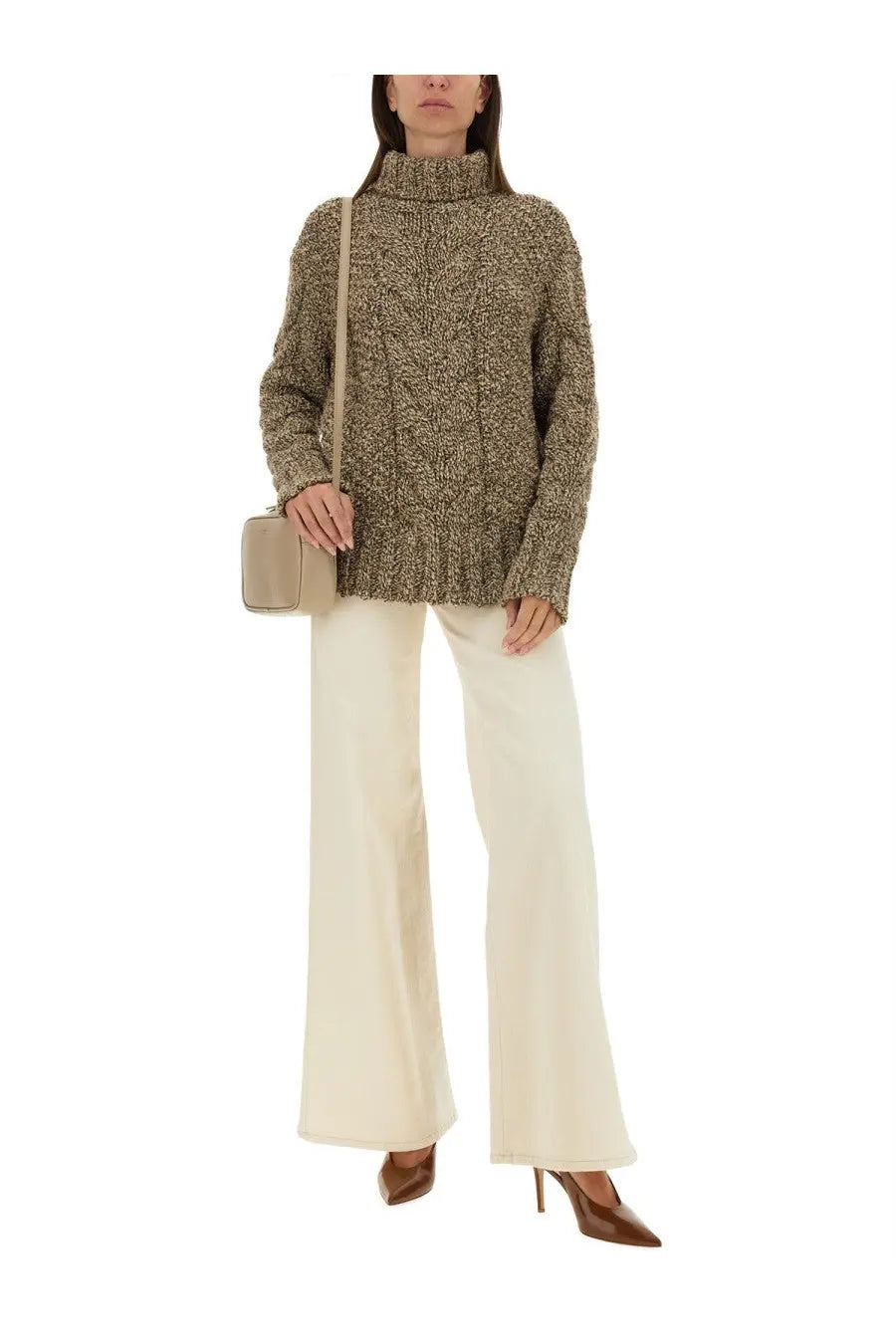 Kiton women’s wool jersey brown textured olive green cable knit turtleneck sweater with ribbed hem and cuffs