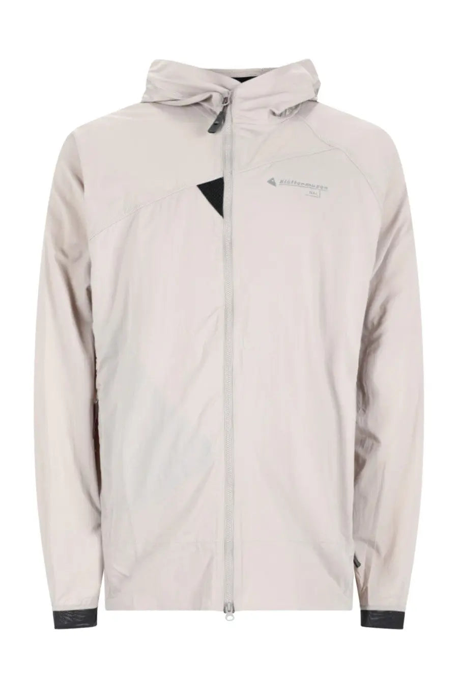 Klättermusen men’s giacca nal con beige hooded jacket with black triangular accent zipper pull and subtle chest logo