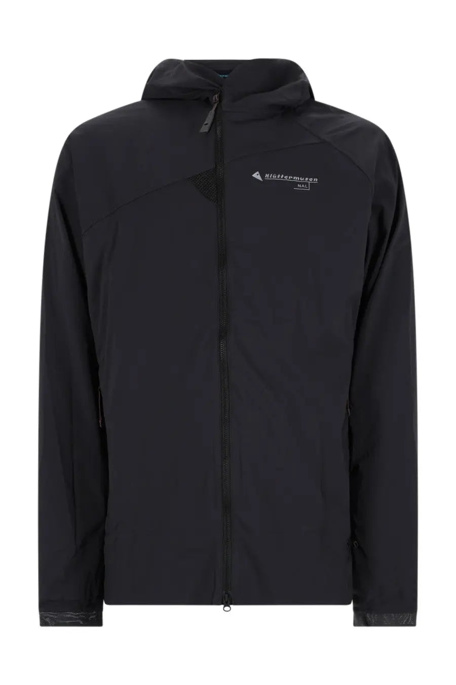 Klättermusen men’s giacca nal black hooded jacket with full-length zipper and subtle logo on the chest
