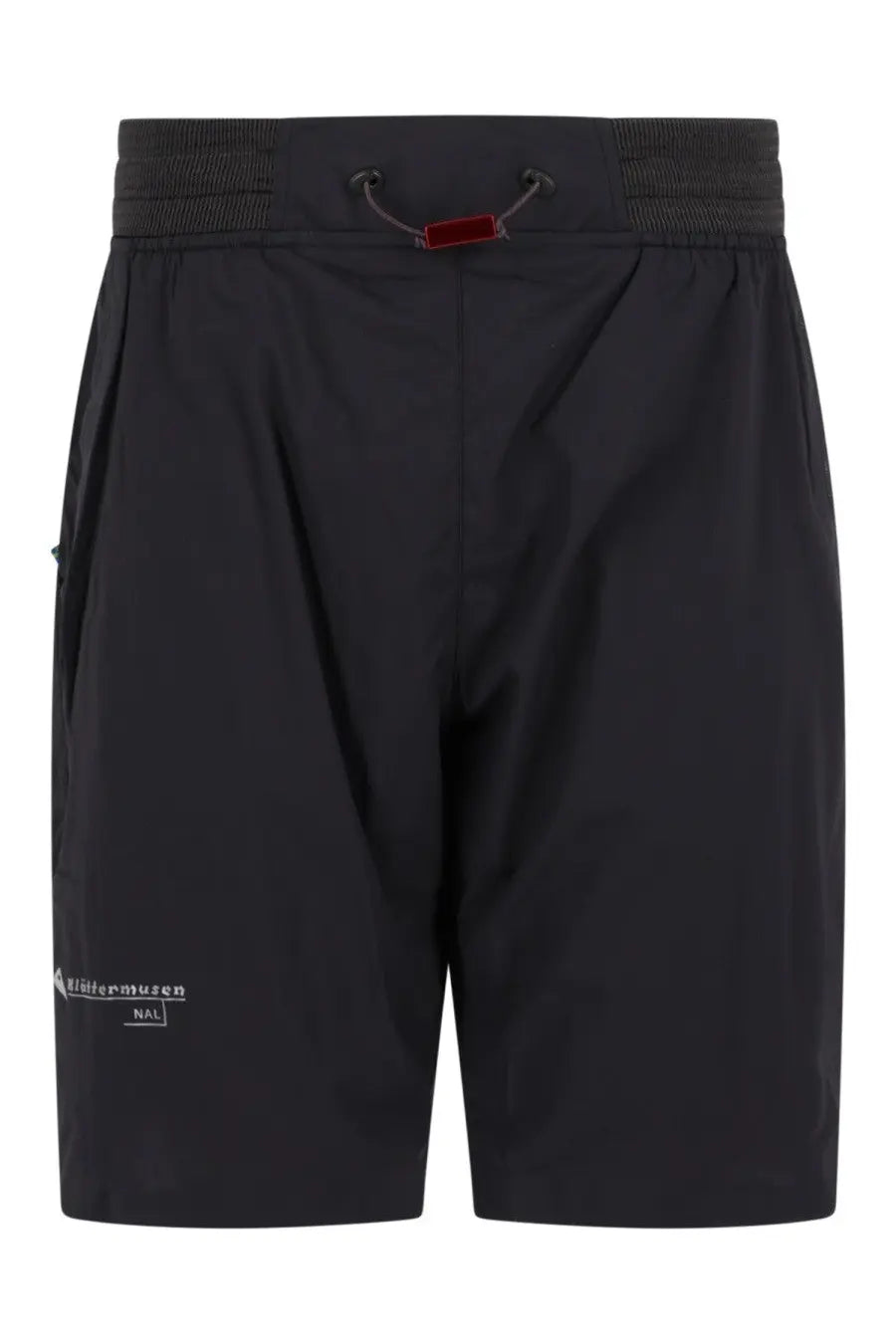 Klättermusen men’s shorts nal con black athletic shorts with drawstring waistband and subtle white branding on left leg