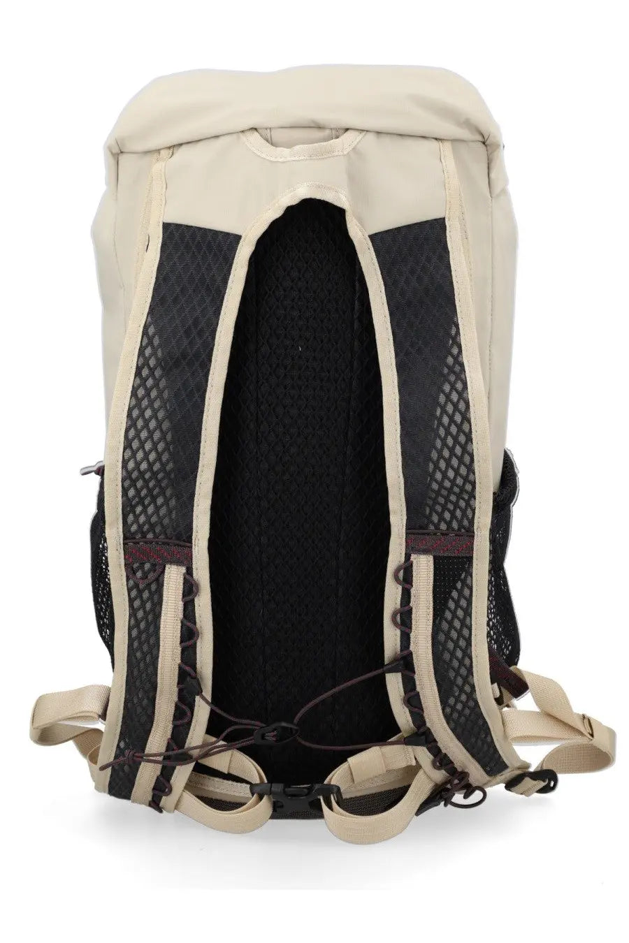 Beige and black mesh backed hiking backpack with adjustable straps klättermusen men’s zaino fjörm 18l white back view