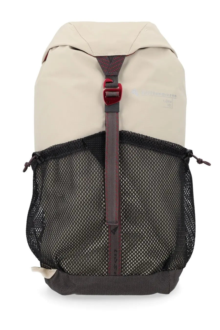 Beige and black mesh Klättermusen men’s Zaino Fjörm 18L backpack with red buckle accent front view
