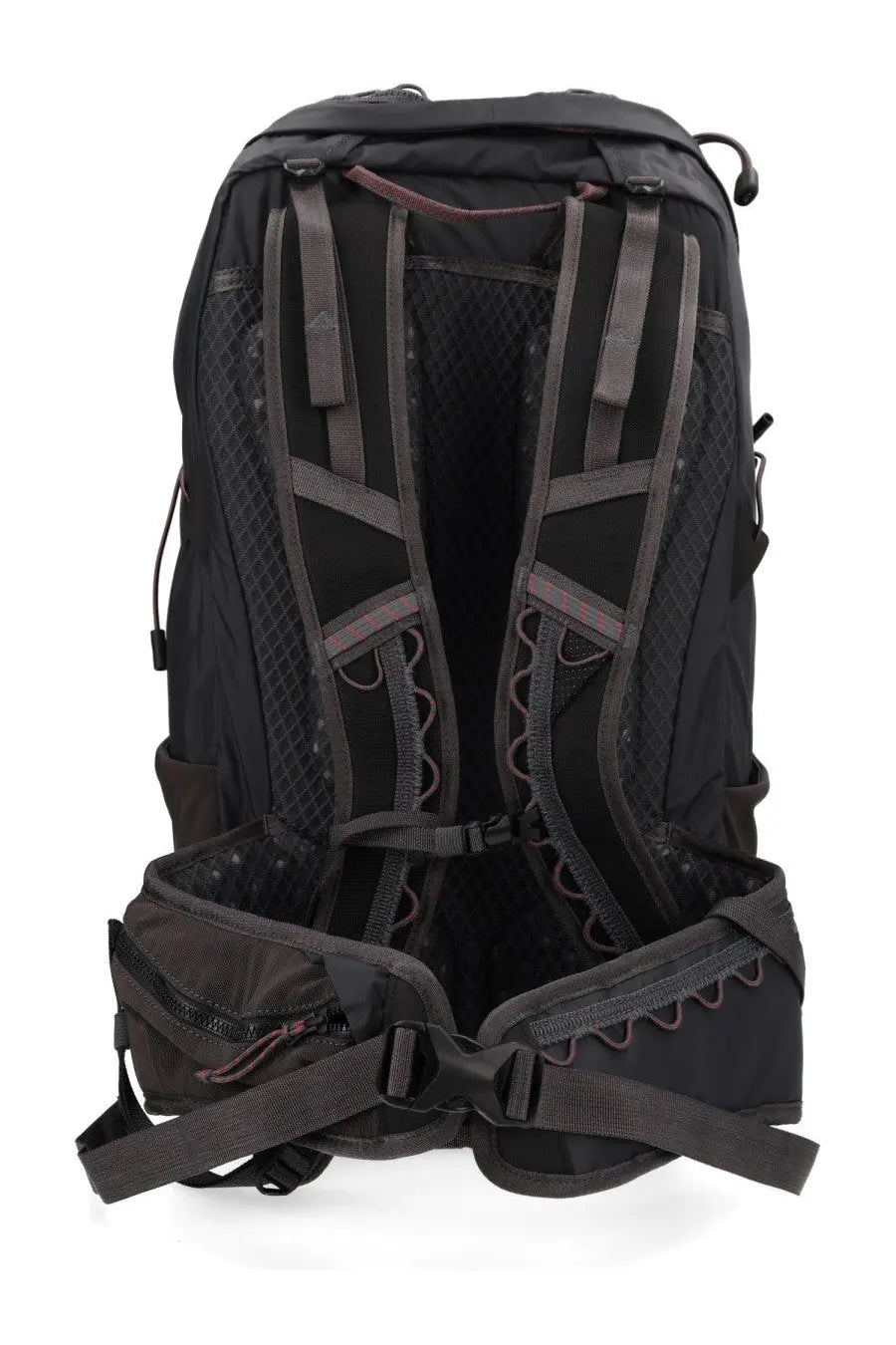 Black and dark gray klättermusen men’s zaino gilling 26l hiking backpack with mesh panels and padded back panel back view