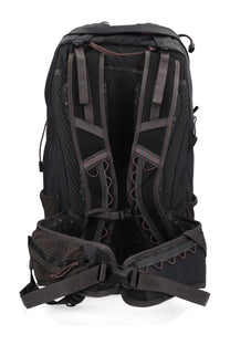 Black and dark gray klättermusen men’s zaino gilling 26l hiking backpack with mesh panels and padded back panel back view