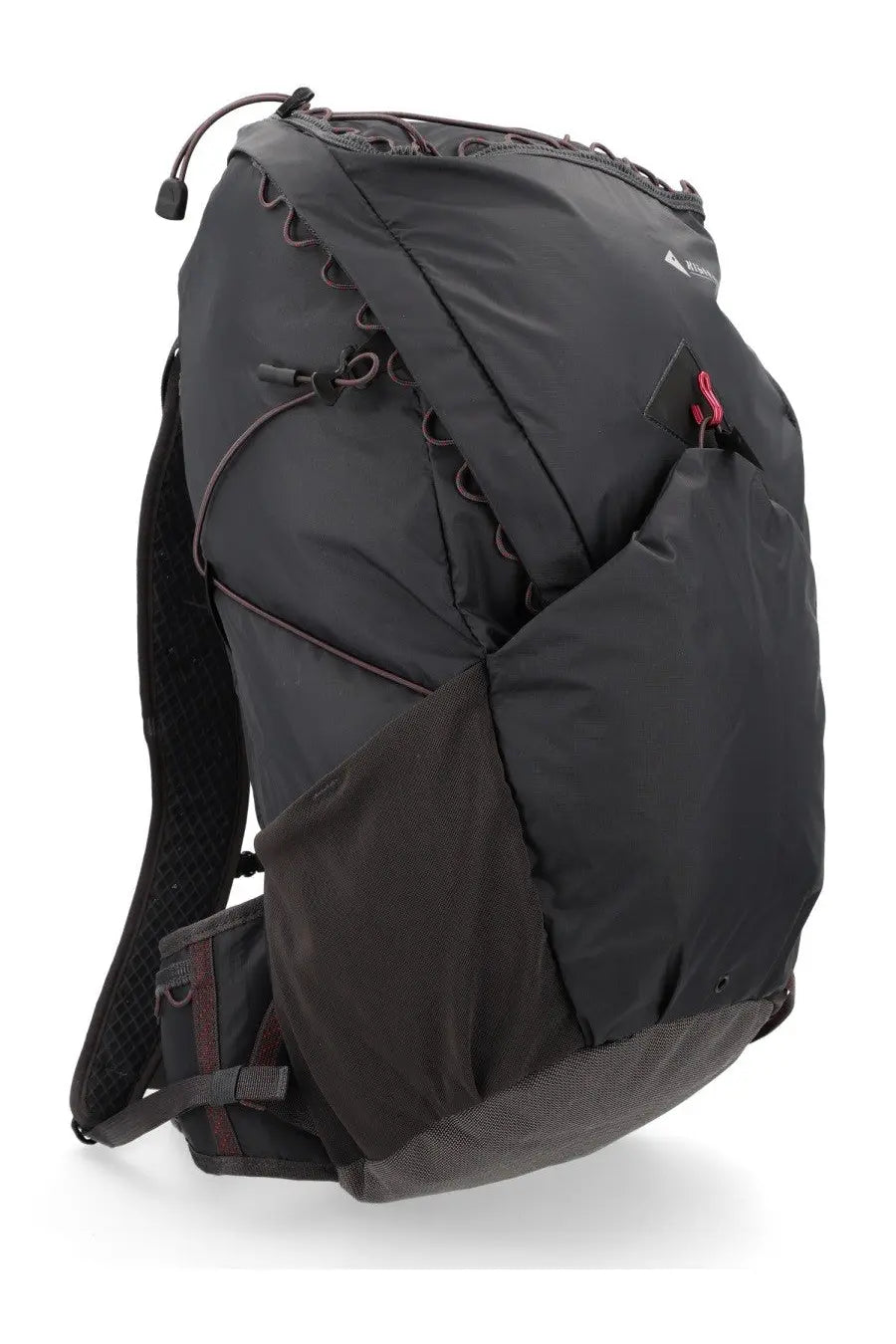 Black lightweight klättermusen men’s zaino gilling 26l hiking backpack with pink stitching and small logo on upper flap