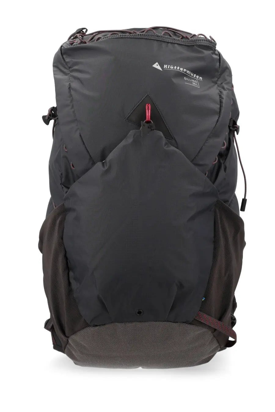 Dark gray klättermusen men’s zaino gilling 26l hiking backpack with red zipper pull and reinforced mesh base