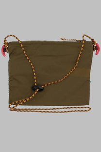 Klättermusen womens borsa algir medium green olive nylon crossbody bag with braided yellow and black strap pink clips