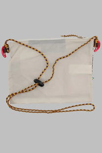 Klättermusen women’s borsa algir medium white transparent drawstring bag with yellow black braided cord and red clips
