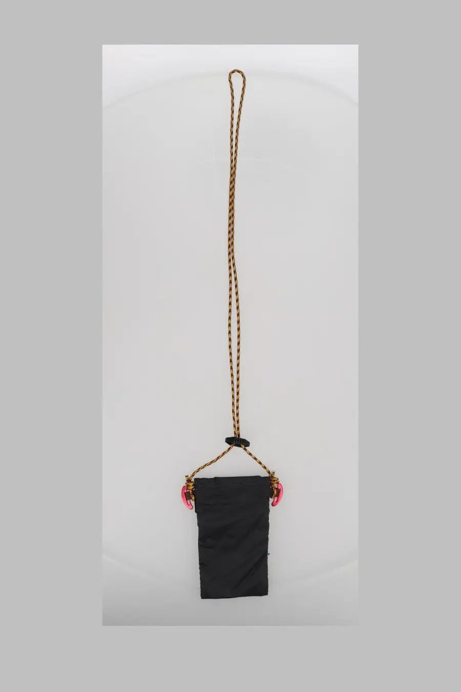 Black klättermusen borsa algir smartphone pouch with braided gold brown cord and pink claw clasps