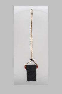 Black klättermusen borsa algir smartphone pouch with braided gold brown cord and pink claw clasps
