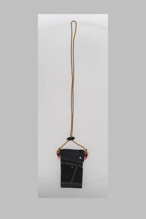 Klättermusen women’s borsa algir smartphone pouch in black mesh and fabric with braided brown cord and pink heart charms