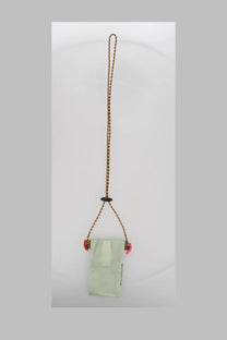 Klättermusen women’s borsa algir smartphone pouch in delicate mint green fabric with braided brown cord and pink clasps