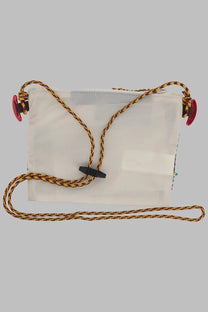 Klättermusen women’s borsa algir small white transparent crossbody bag with yellow and black braided rope straps and red clips