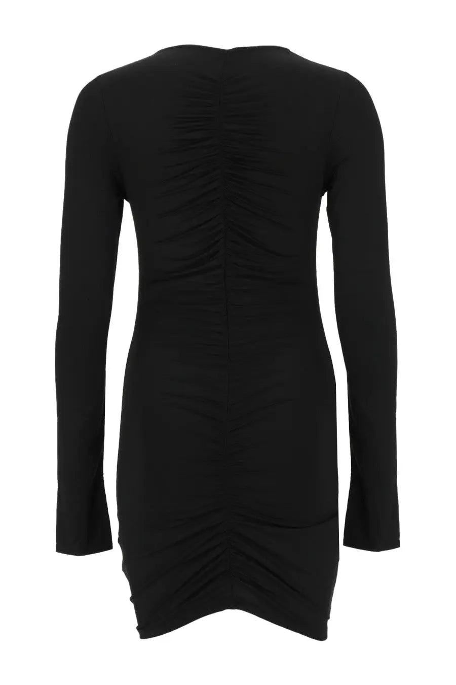 La reveche women’s abito lillibet black long-sleeved dress showing ruched back design in black fabric