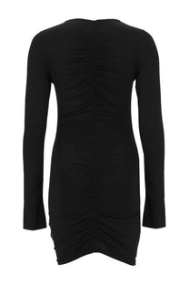 La reveche women’s abito lillibet black long-sleeved dress showing ruched back design in black fabric