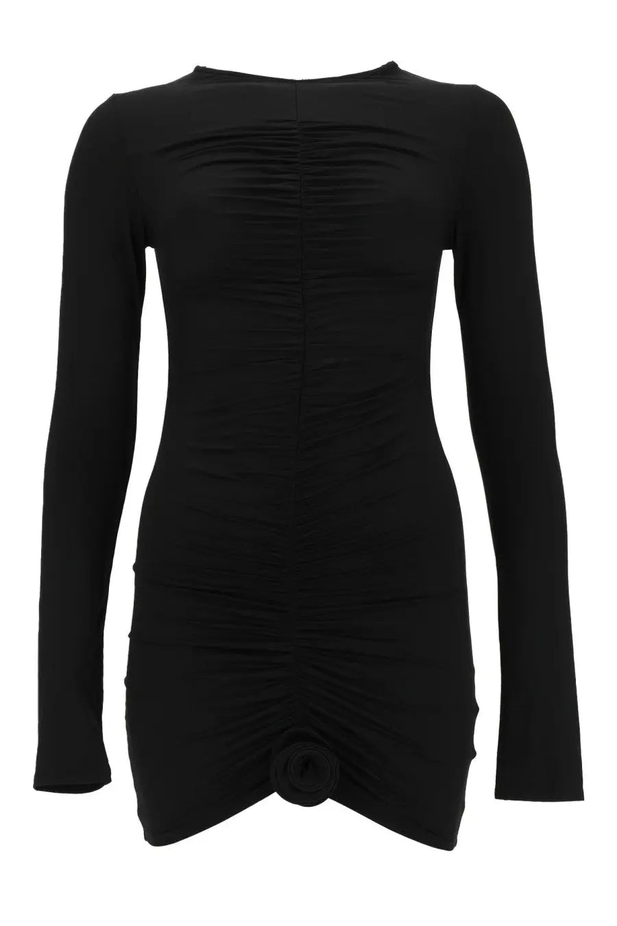 La reveche women’s abito lillibet black long-sleeved dress with ruched detailing and knotted hem in black fabric