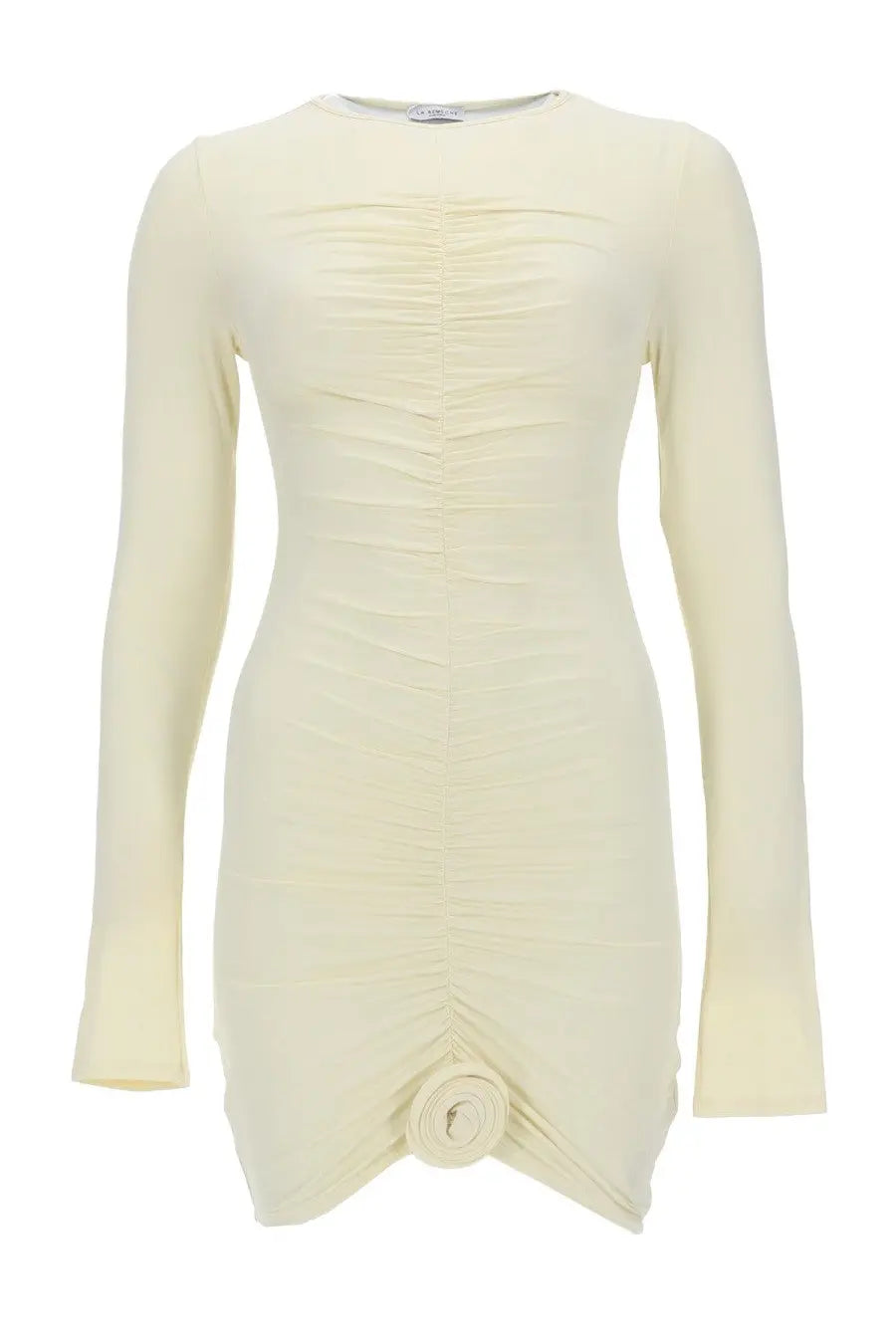 La Reveche women’s abito lillibet white cream-colored long-sleeved dress with ruched detailing and fabric rose hem