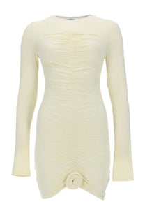 La Reveche women’s abito lillibet white cream-colored long-sleeved dress with ruched detailing and fabric rose hem