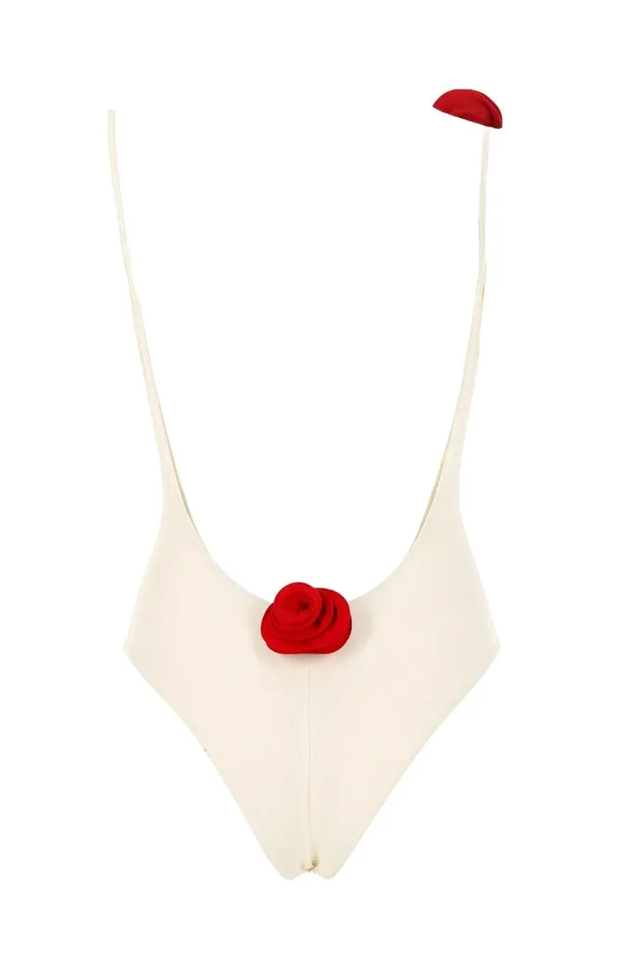 La Reveche women’s costume intero Ashar white one-piece swimsuit with red fabric rose and matching red trim straps