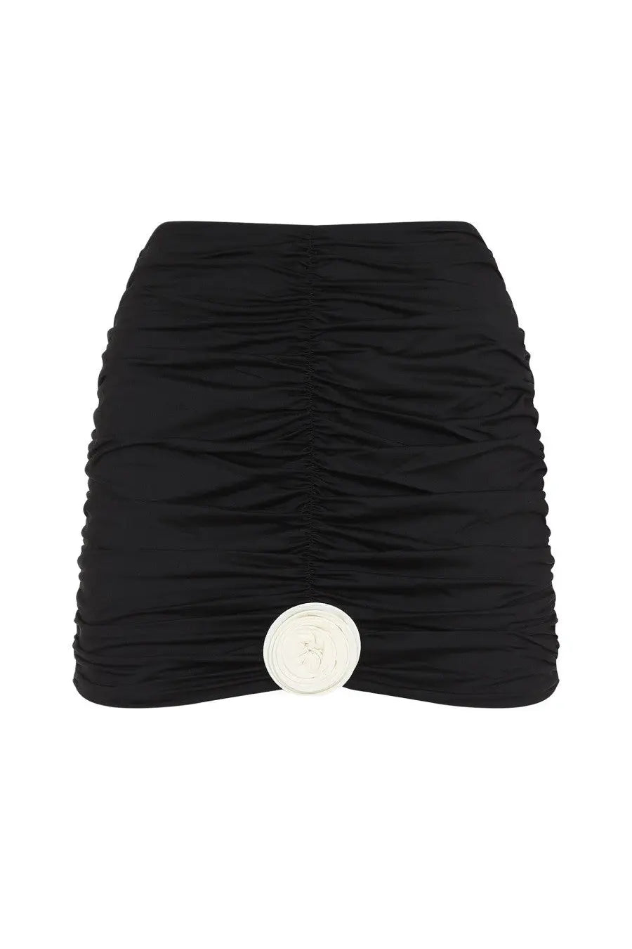 La Reveche women’s gonna Lillibet black ruched mini skirt with prominent white circular button at the front