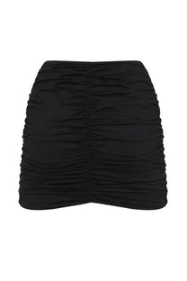 La Reveche women’s gonna lillibet black ruched mini skirt with sleek form-fitting silhouette in black fabric