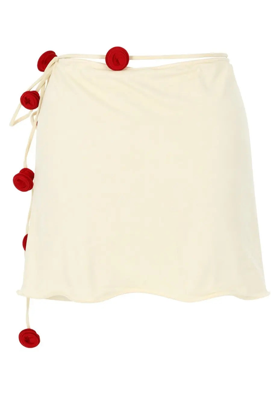Cream-colored la reveche women’s pareo bouquet white wrap skirt with red pom-pom details on side tie