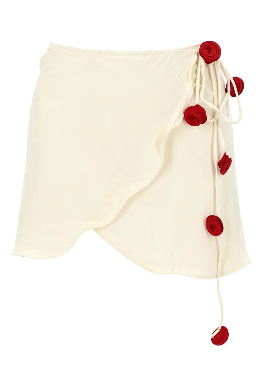 La reveche women’s pareo bouquet white cream wrap skirt with red fabric roses and tied side cord detail