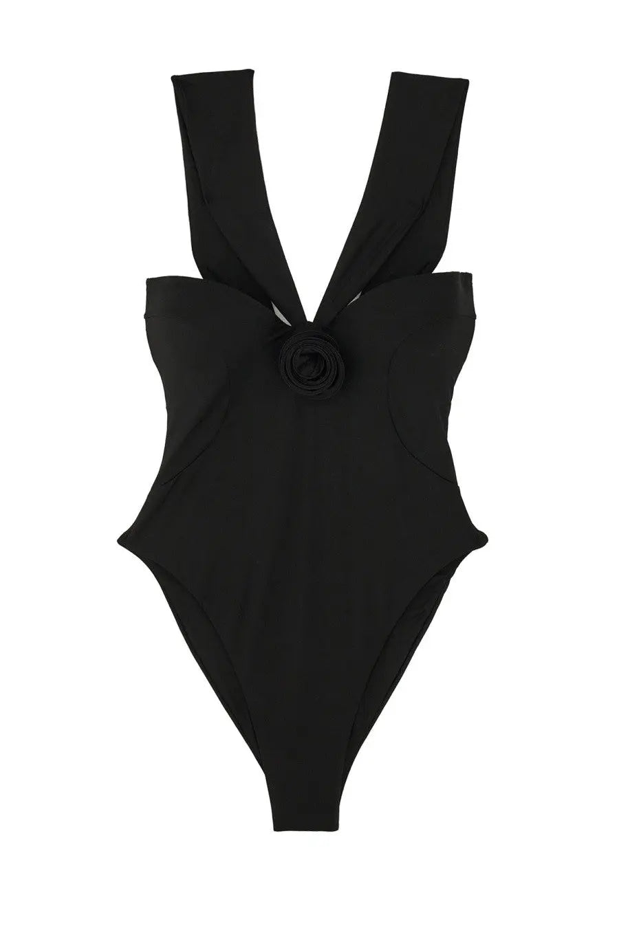La Reveche women’s Sahar black one-piece swimsuit with deep v-neckline and fabric rose detail at center front