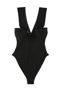 La Reveche women’s Sahar black one-piece swimsuit with deep v-neckline and fabric rose detail at center front