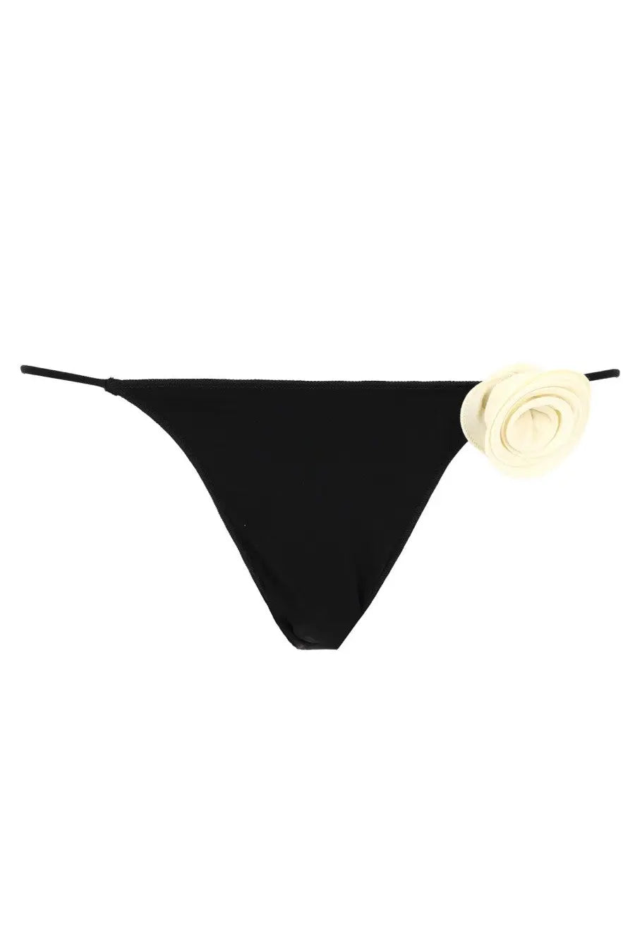 Black thong bikini bottom with cream fabric rose embellishment on the side from la reveche women’s slip bikini ashar black