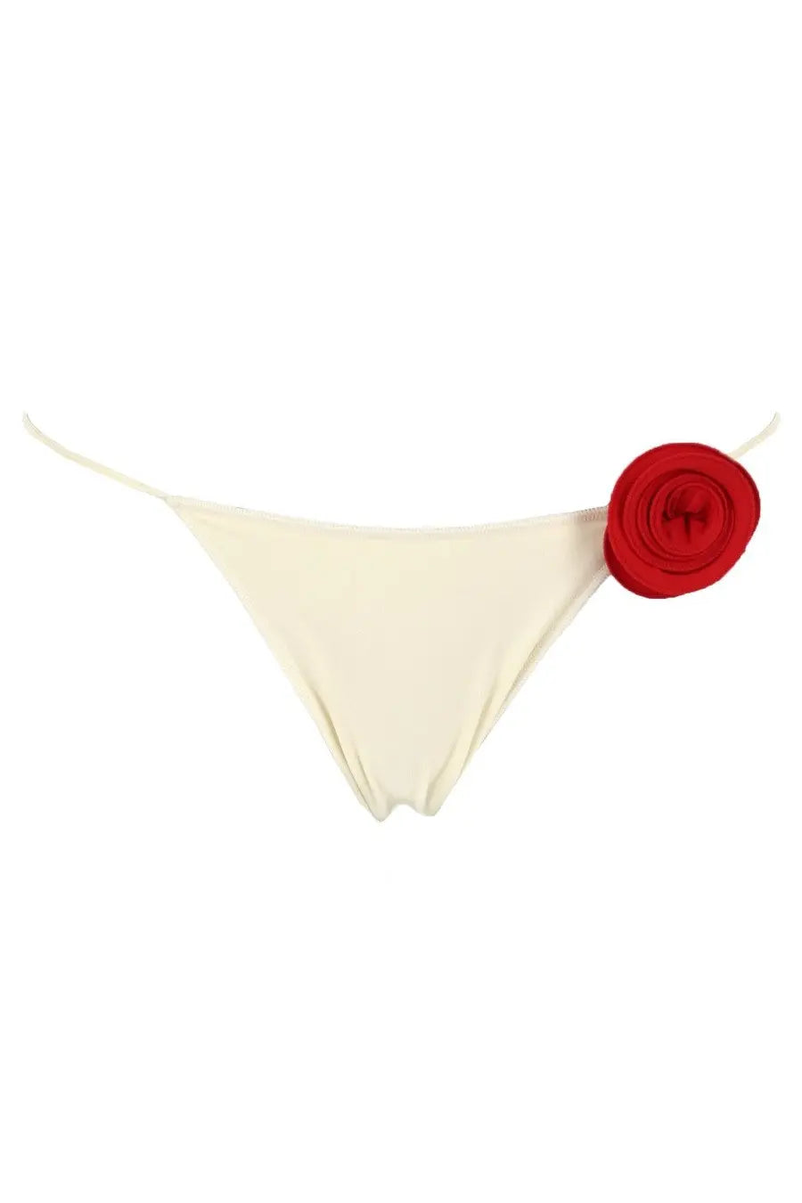 Cream-colored thong bikini bottom with vibrant red fabric rose side embellishment from La Reveche Ashar White collection