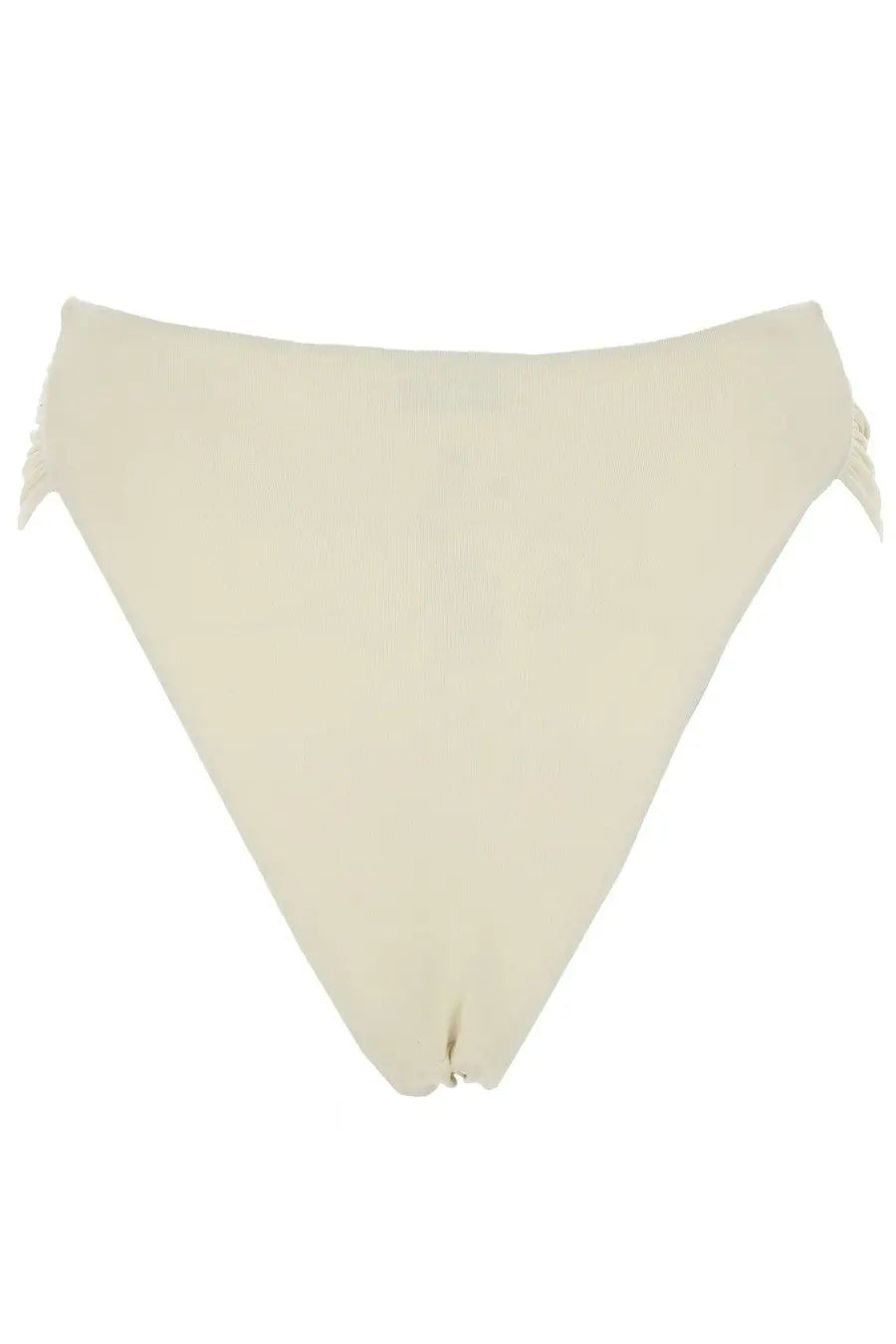 Cream-colored high-waisted bikini bottom with frayed edge detail from la reveche women slip bikini derya white collection