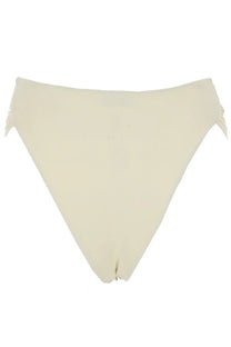 Cream-colored high-waisted bikini bottom with frayed edge detail from la reveche women slip bikini derya white collection