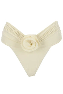 Cream-colored satin bikini bottom with central ruched rose embellishment from la reveche women slip bikini derya white