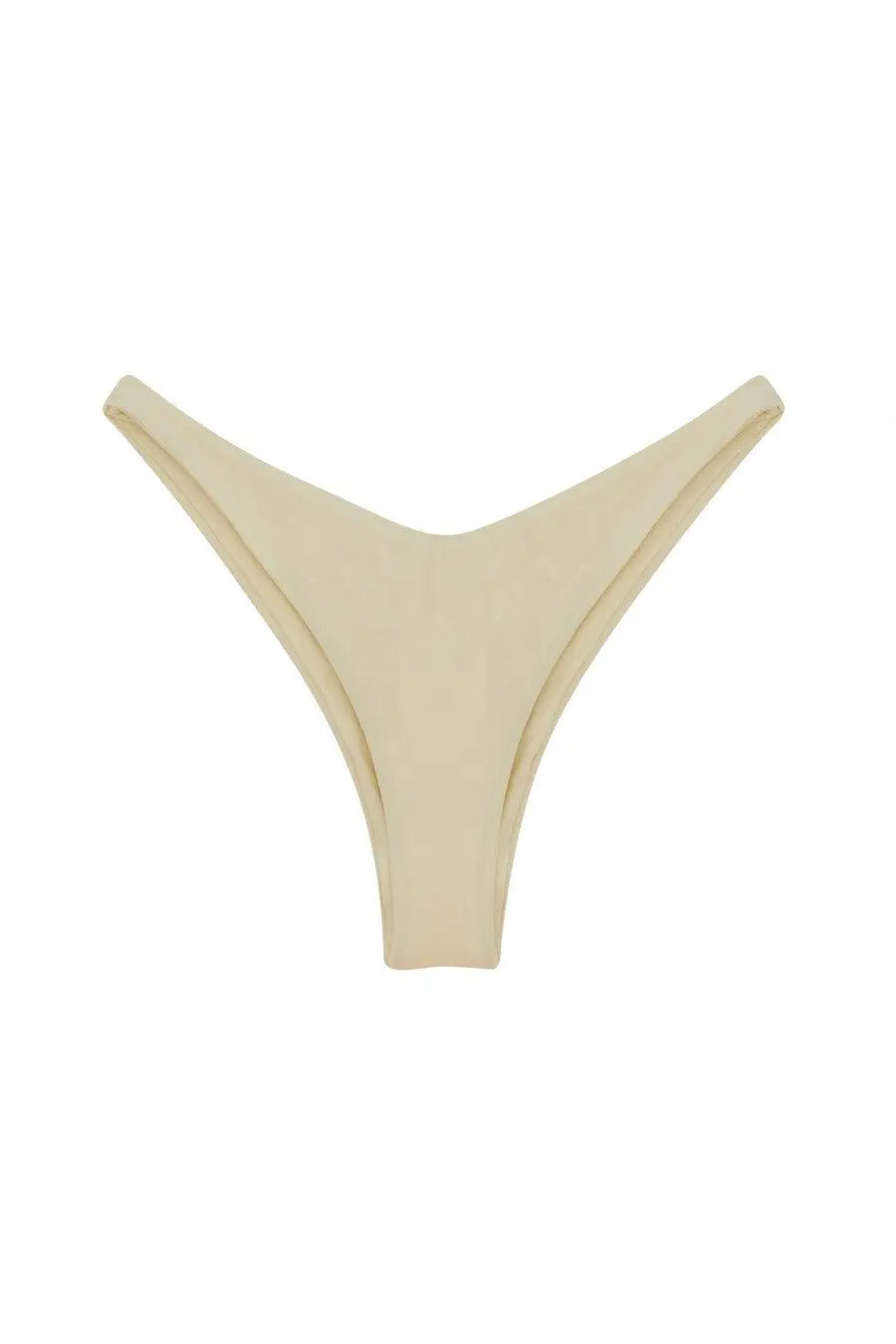 Cream-colored minimalist y-back bikini bottom in stretchy fabric by la reveche women slip bikini sahar white back view