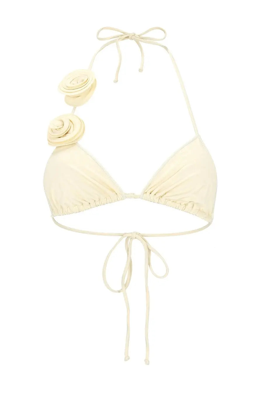 La reveche women’s cream-colored halter top bikini with fabric rose embellishments and adjustable ties in ashar white