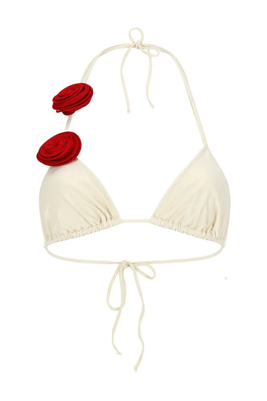 La reveche women’s cream halter top bikini ashah white with two red fabric roses on the left side