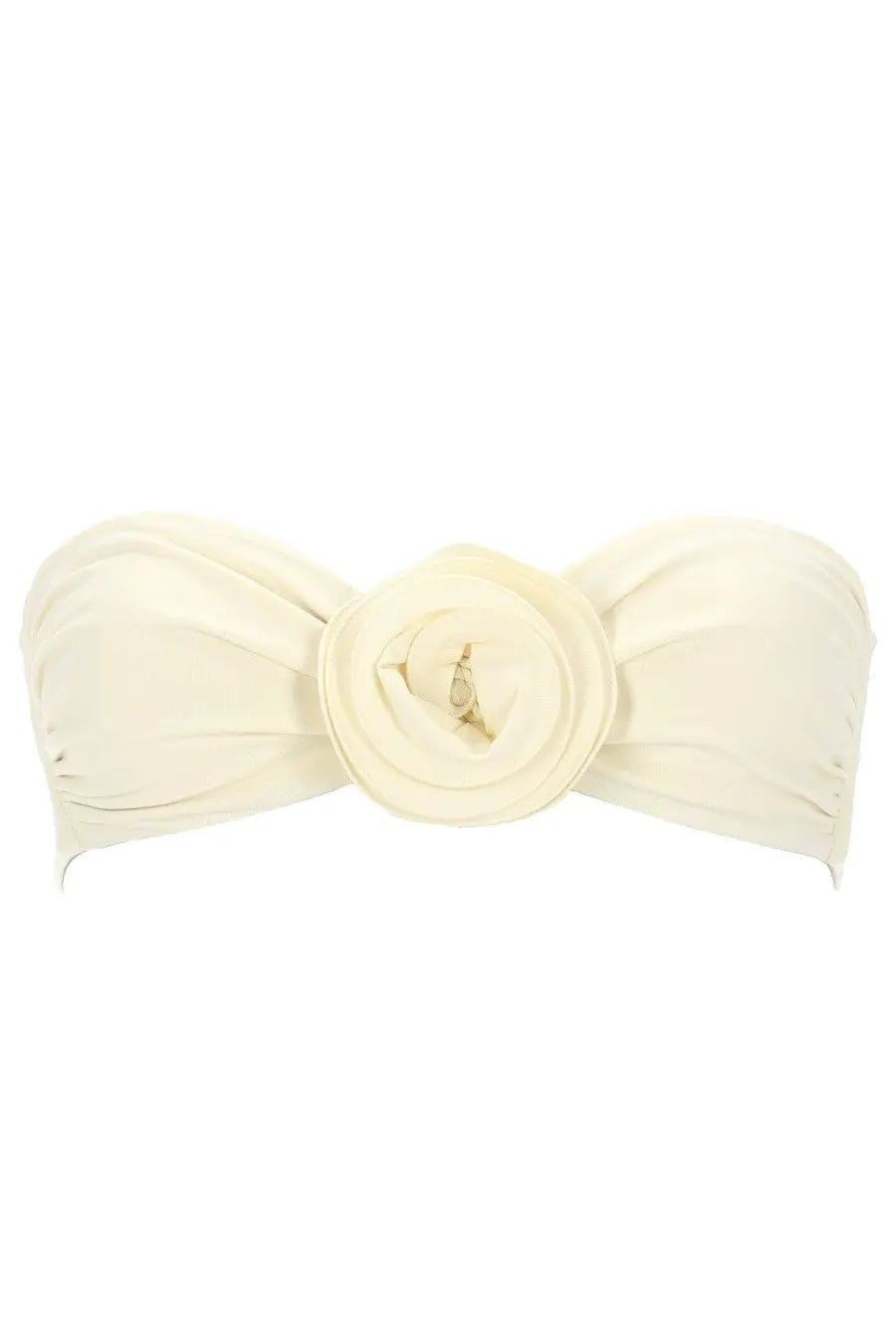 La reveche women’s cream-colored satin bandeau top bikini derya white with central ruffled rose embellishment