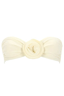 La reveche women’s cream-colored satin bandeau top bikini derya white with central ruffled rose embellishment