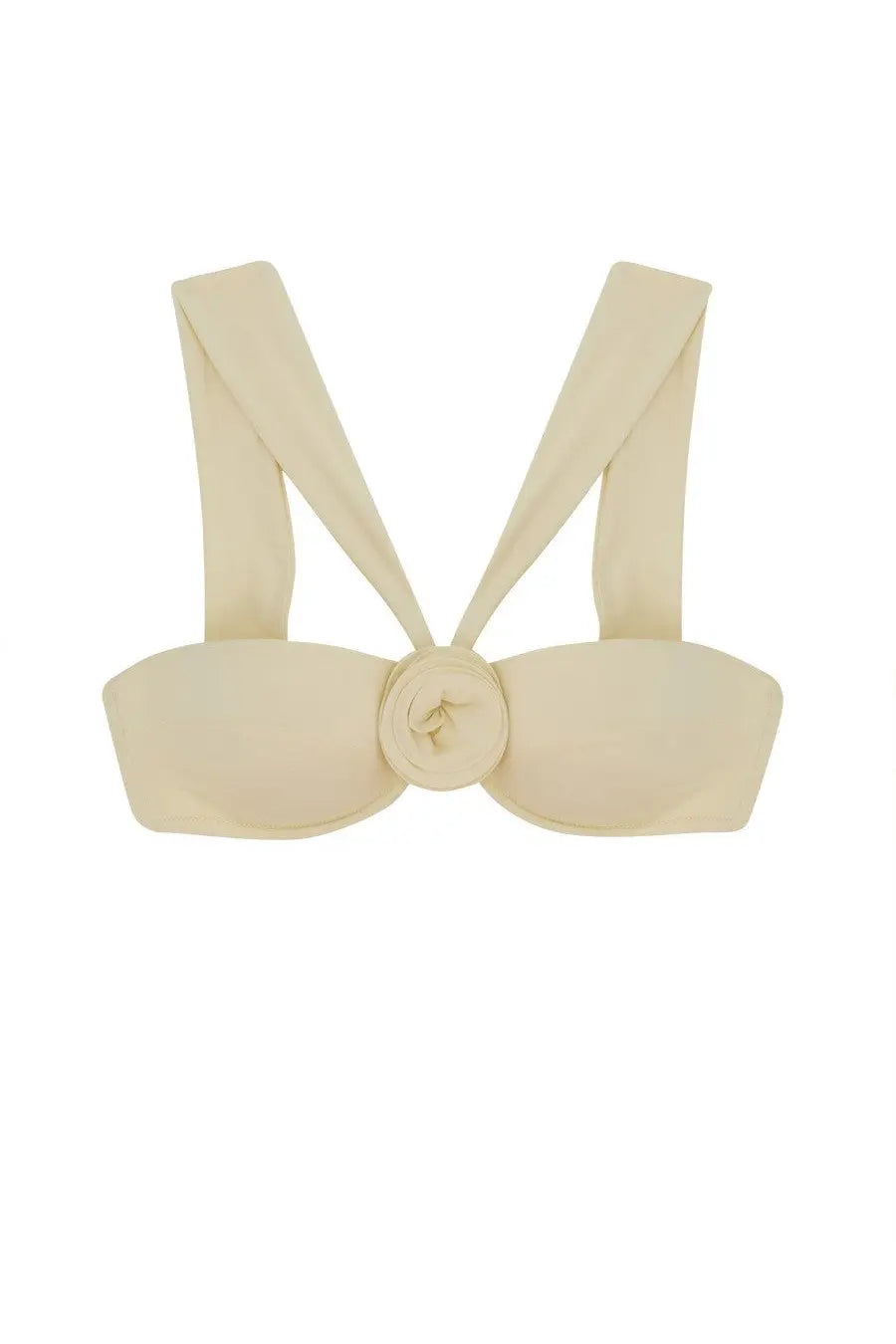 La reveche women’s sahar white bandeau bikini top with crossed shoulder straps and fabric rose detail