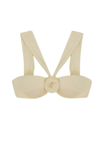 La reveche women’s sahar white bandeau bikini top with crossed shoulder straps and fabric rose detail