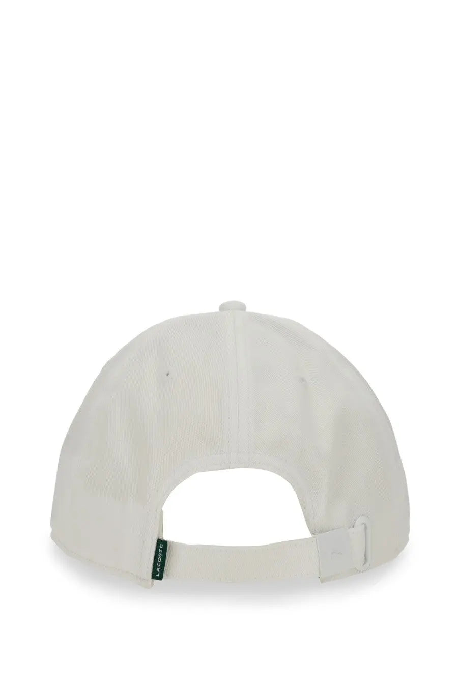 Off-white lacoste men’s baseball hat showing the back with subtle textured fabric and small green brand tag