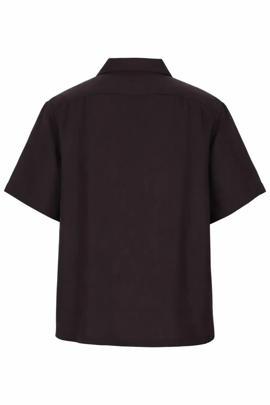 Lacoste men’s black short-sleeved button-up shirt with classic collar and minimalist design in camicia con brown style