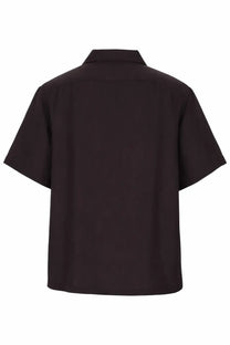 Lacoste men’s black short-sleeved button-up shirt with classic collar and minimalist design in camicia con brown style